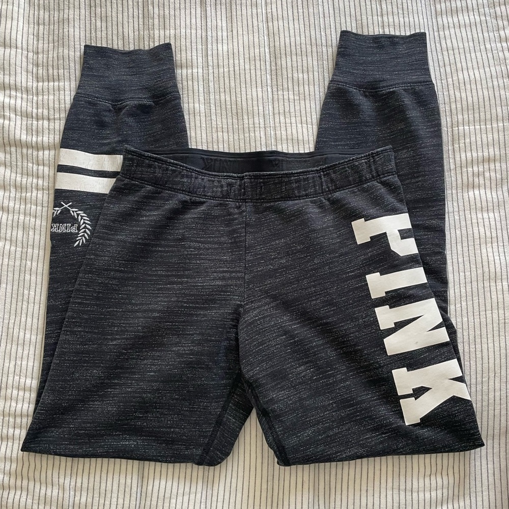 PINK Victoria's Secret Grey and White Joggers with Tapered Leg